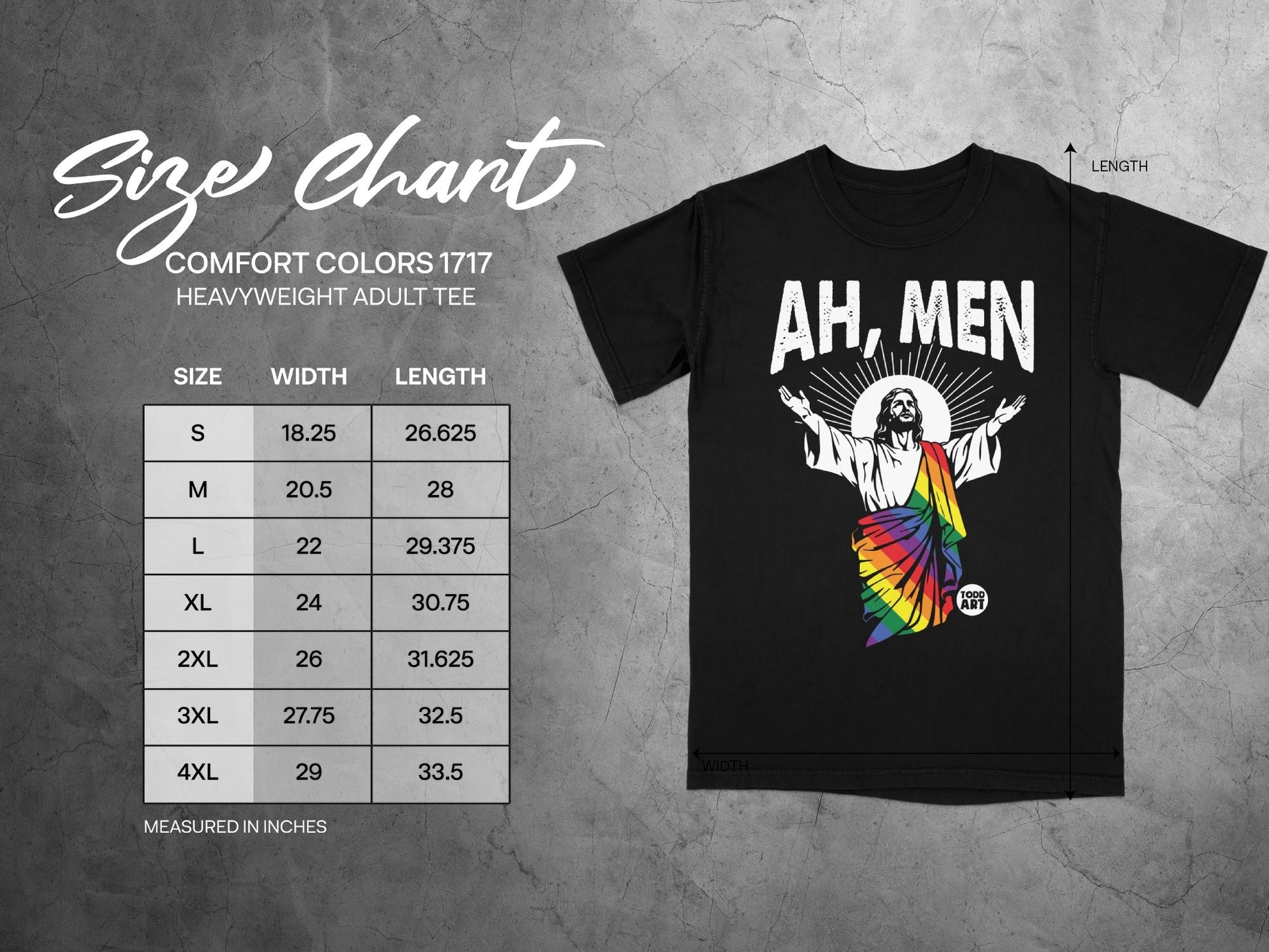 Size chart for Comfort Colors 1717 heavyweight adult tee with "AH, MEN" graphic.
