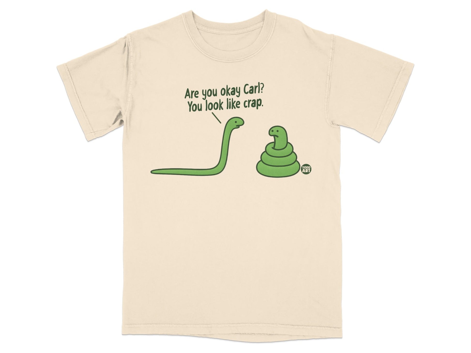 Green snake asks a coiled snake, "Are you okay Carl? You look like crap."