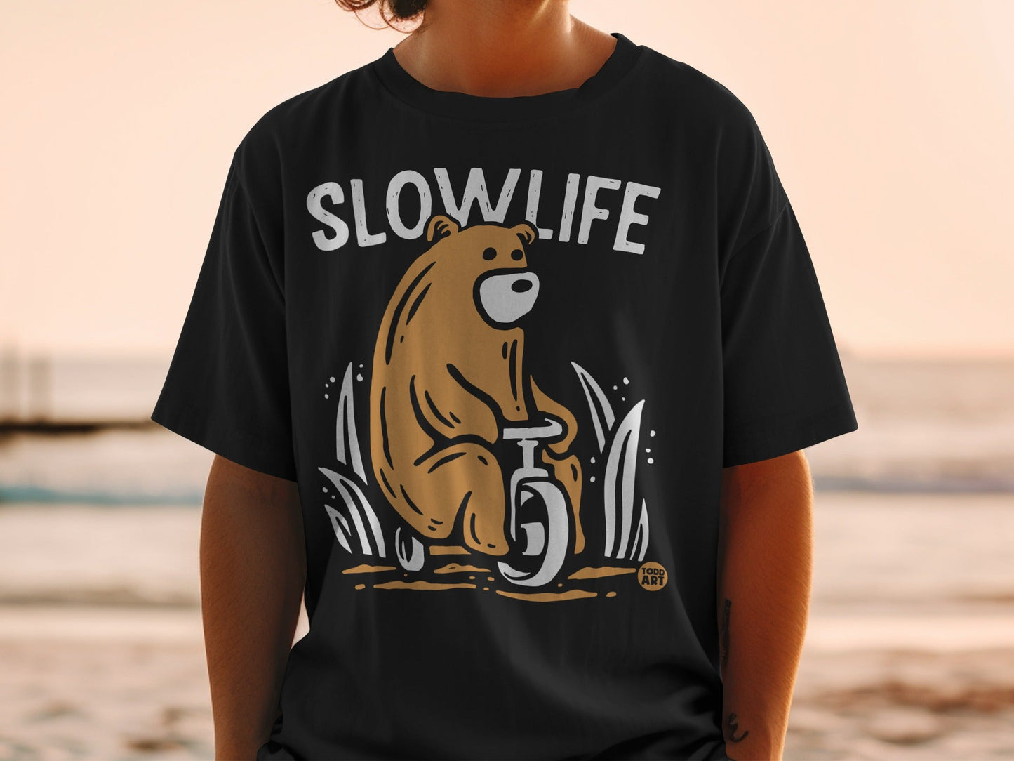 Slow Life Bear on Bicycle Graphic Tee