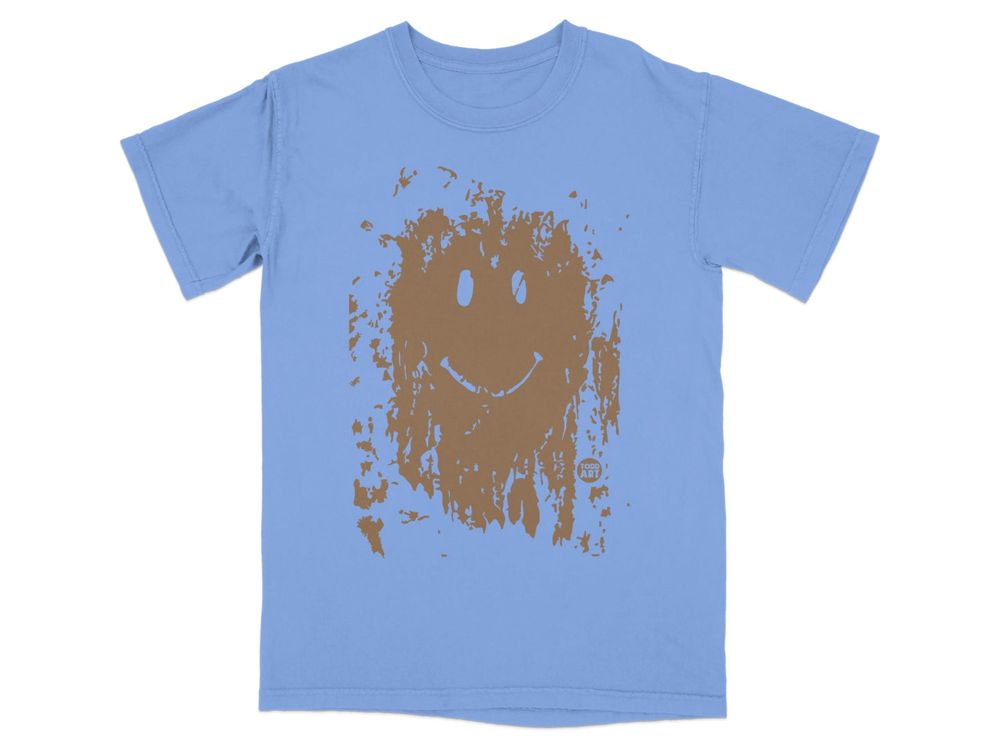 Light blue t-shirt with distressed brown smiley face graphic.