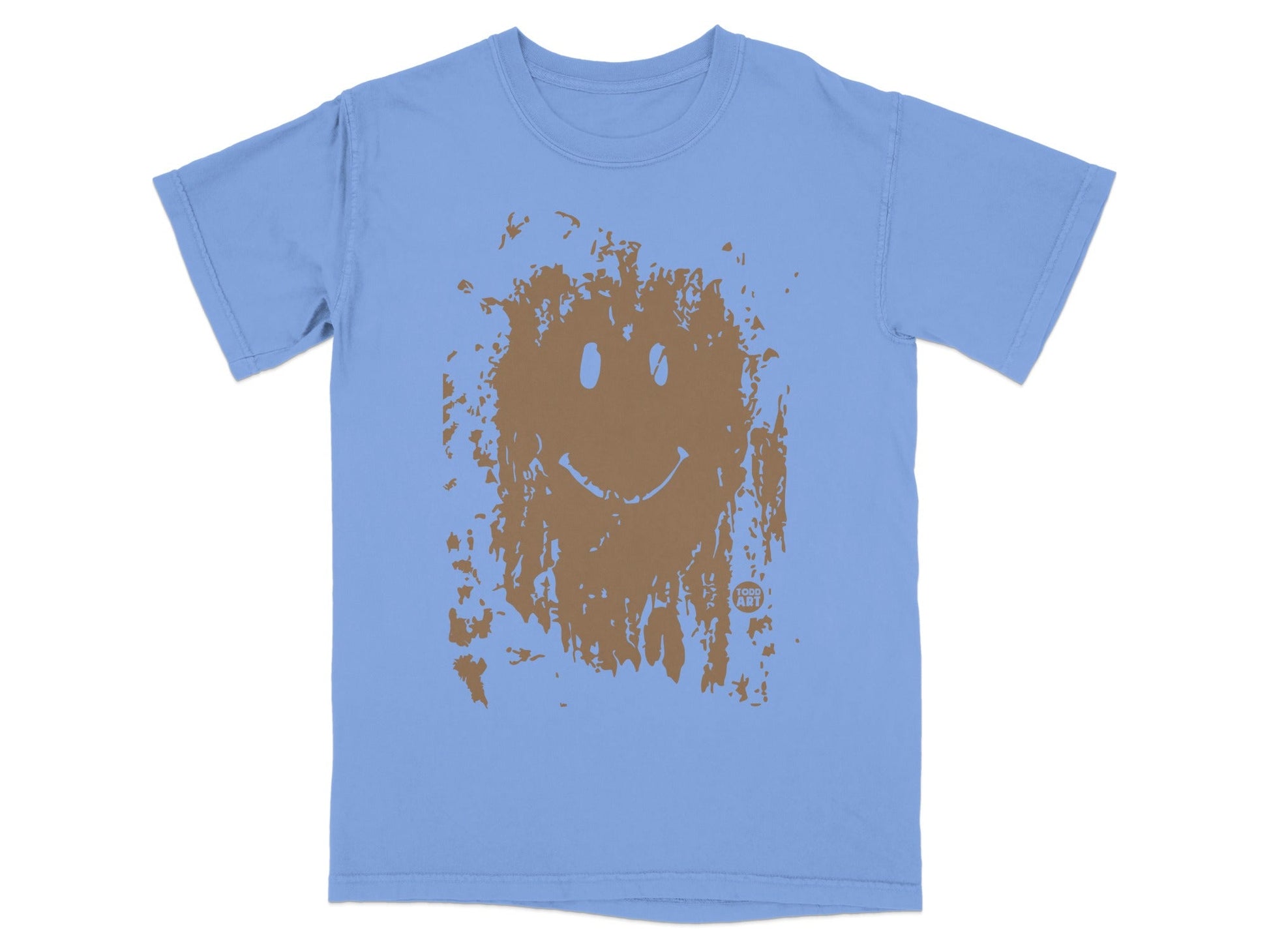 Light blue t-shirt with distressed brown smiley face graphic.