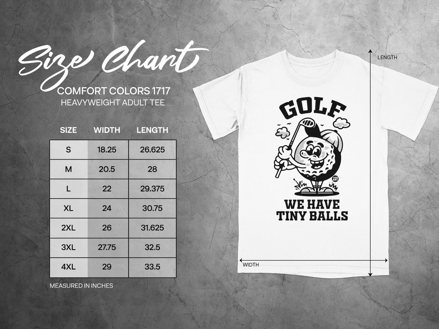 Golf t-shirt size chart with cartoon golf ball character.