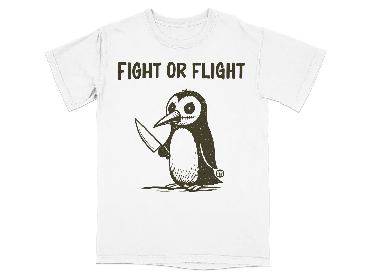 Penguin with knife and "FIGHT OR FLIGHT" text.