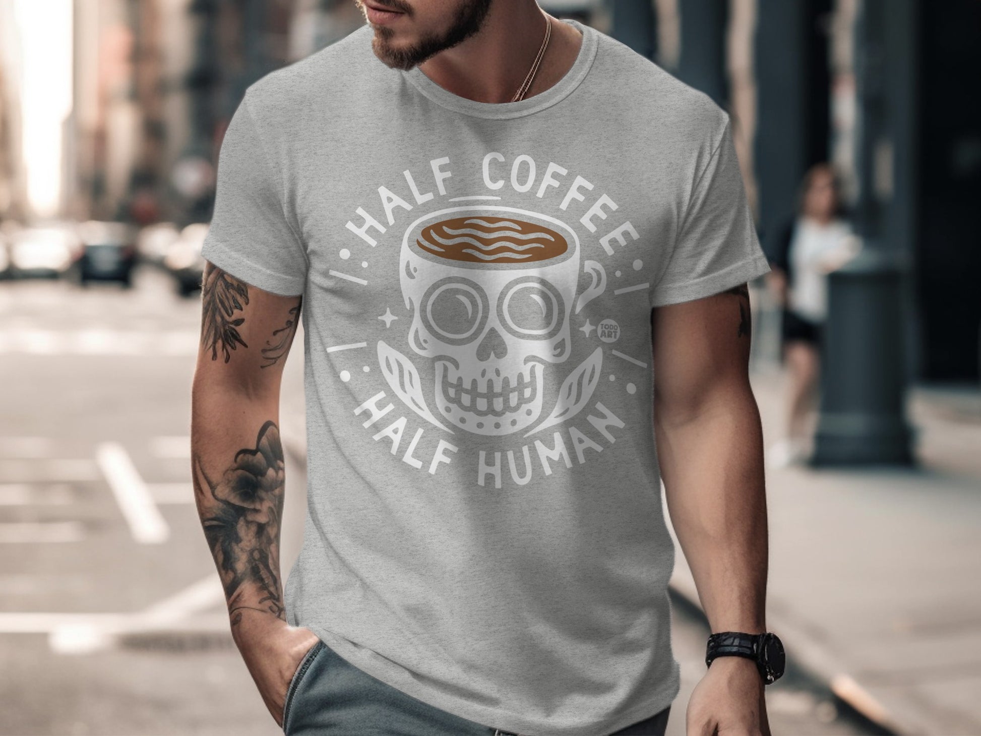 Half Coffee Half Human Skull Graphic T-Shirt