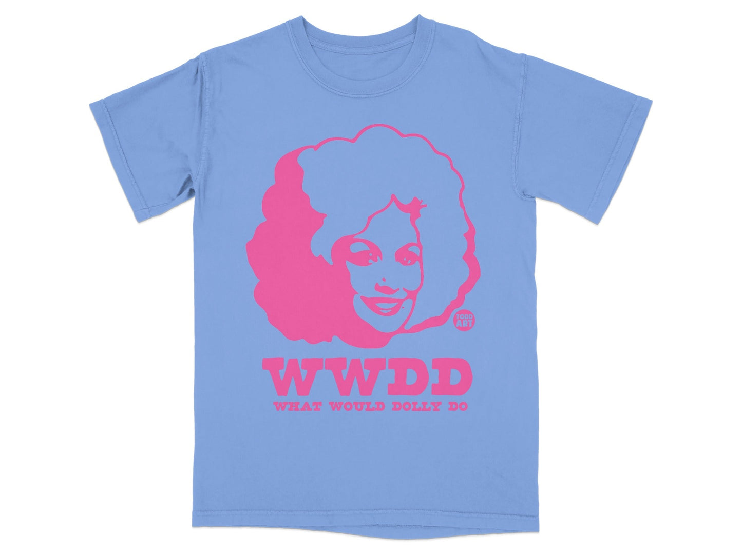 Blue t-shirt with pink graphic of Dolly Parton and "WWDD WHAT WOULD DOLLY DO" text.