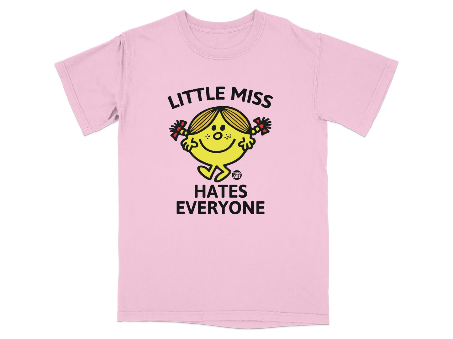 Pink t-shirt with "Little Miss Hates Everyone" text and cartoon character.