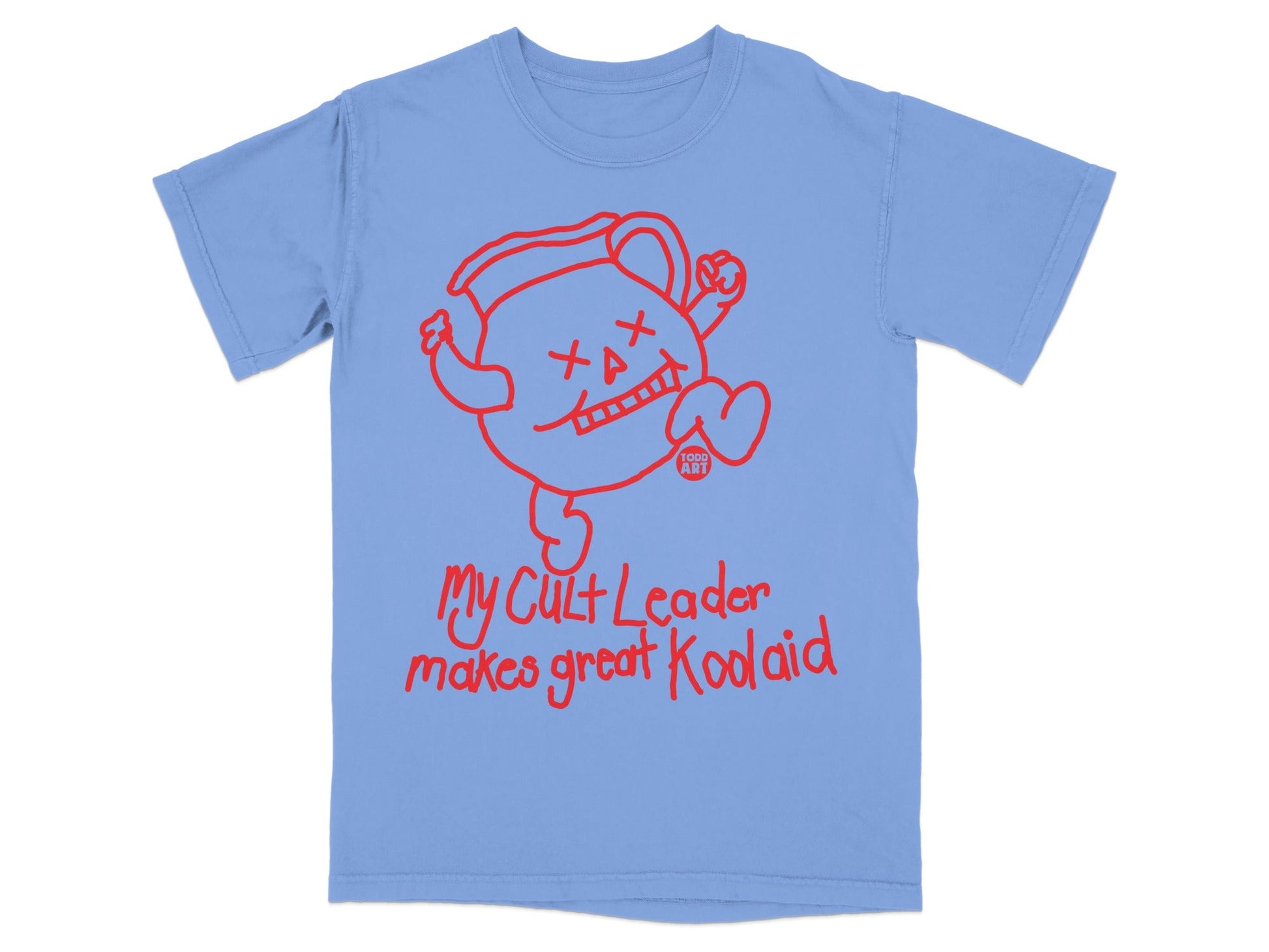 Blue t-shirt with cartoon pitcher saying "My Kool-Aid Leader makes great Koolaid".