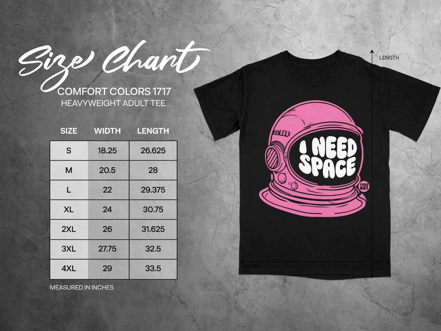 I Need Space Heavyweight Adult Tee Size Chart Product