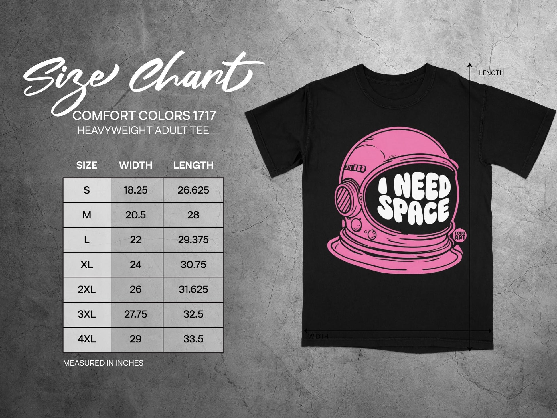 I Need Space Heavyweight Adult Tee Size Chart Product
