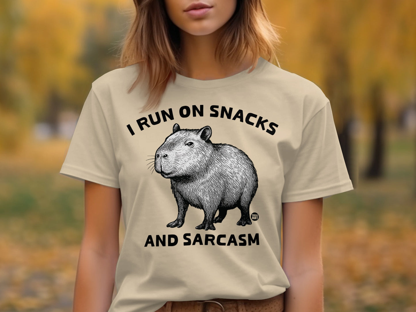 I Run on Snacks and Sarcasm Funny Capybara T-Shirt