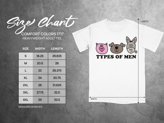 Size chart for Comfort Colors 1717 heavyweight adult tee showing measurements.