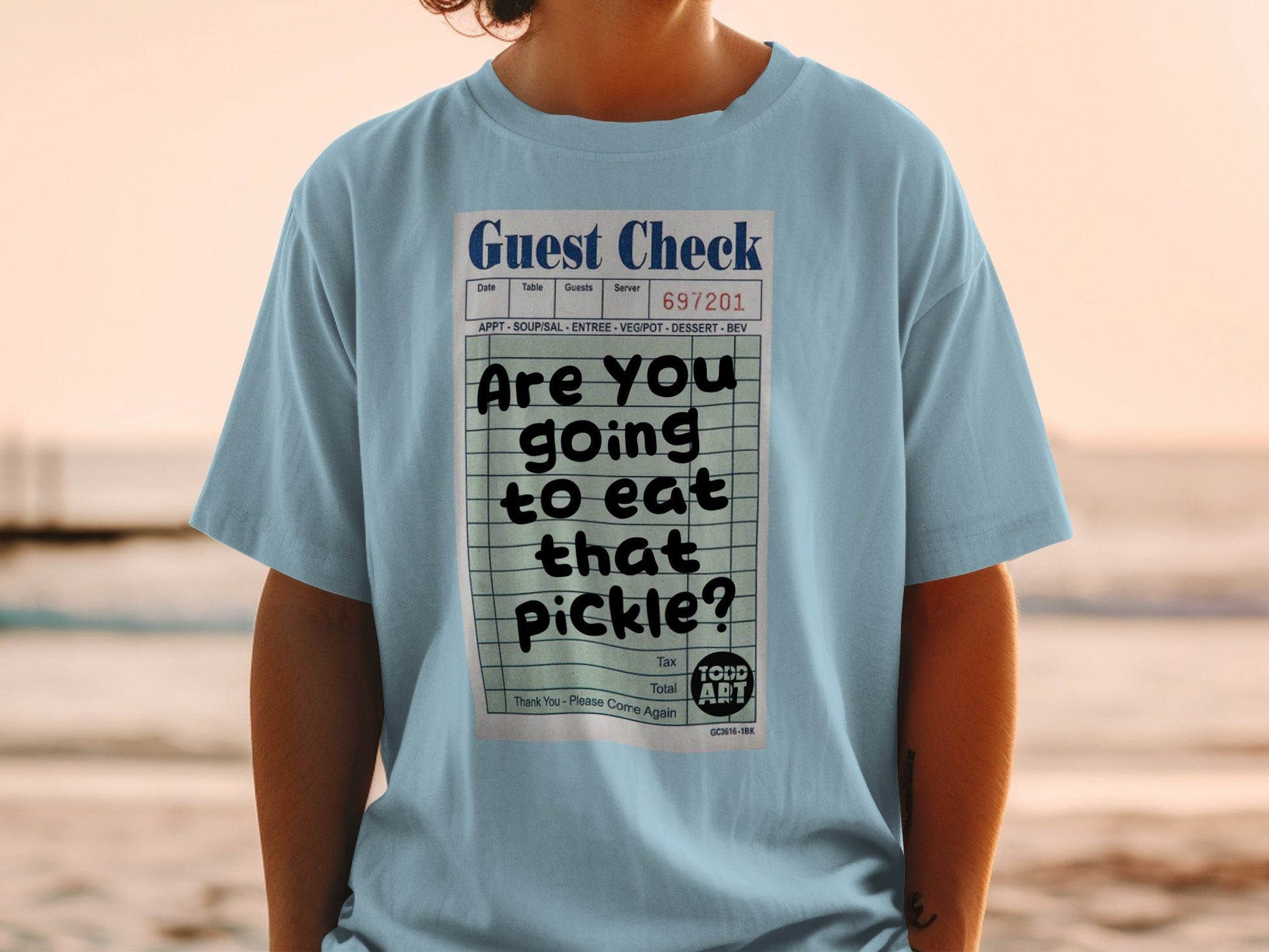 T-shirt with guest check graphic asking "Are you going to eat that pickle?".