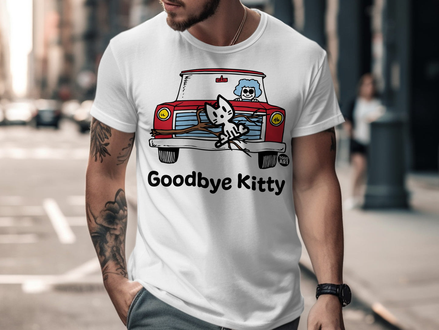 Goodbye Kitty Graphic T-Shirt with Car Print