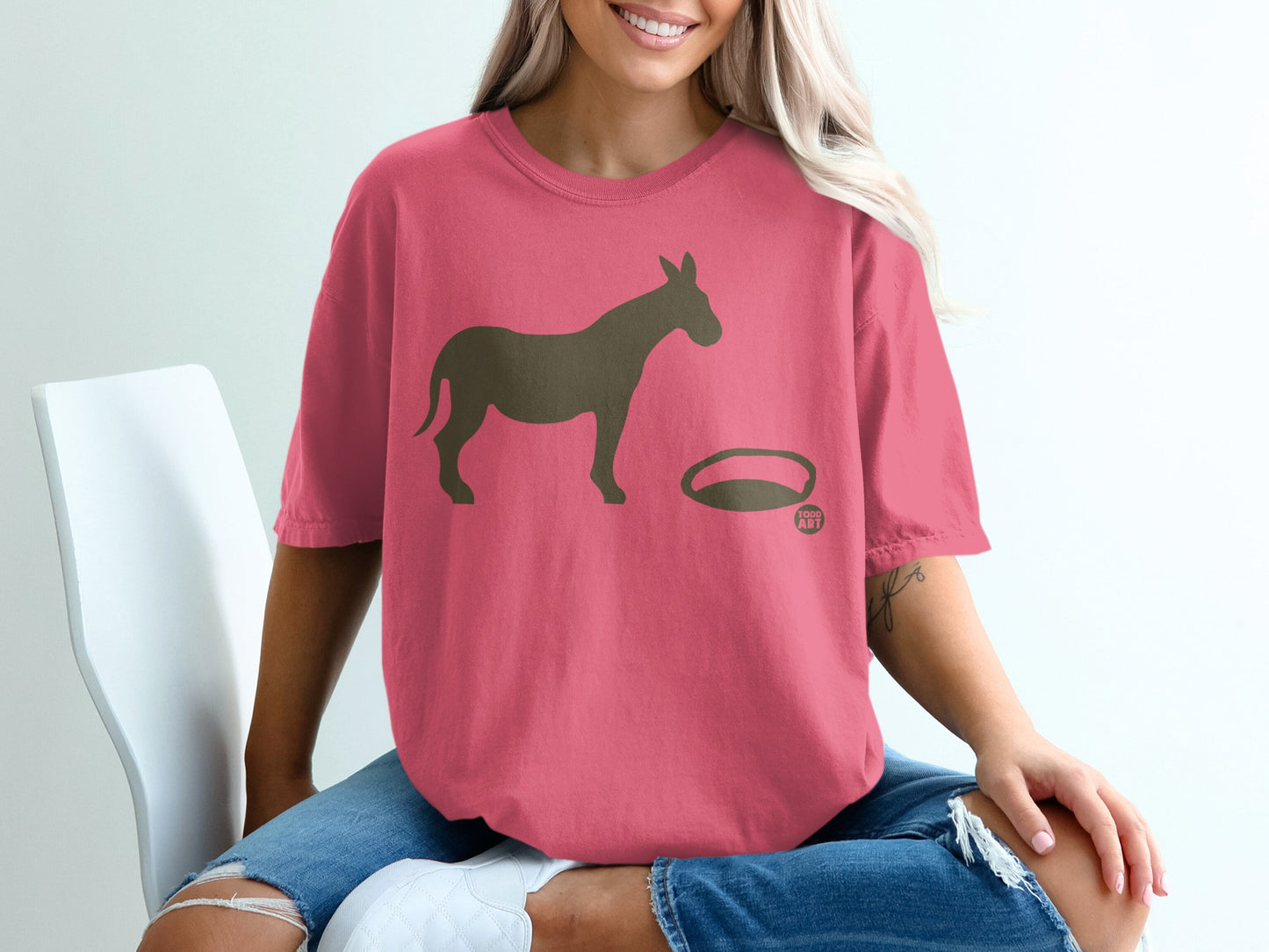 Pink Shirt with Donkey and Bowl Graphic Illustration