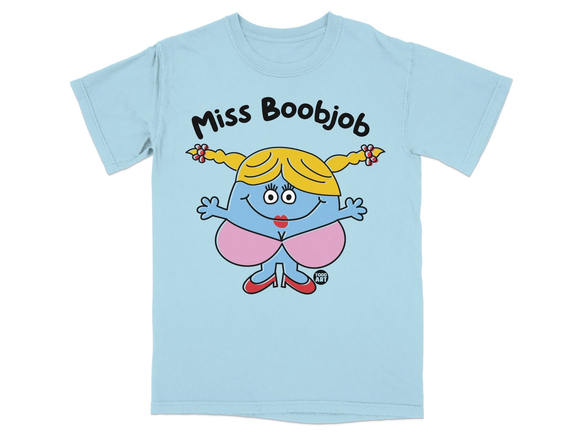 Miss Boobjob Cartoon Graphic Light Blue T-shirt