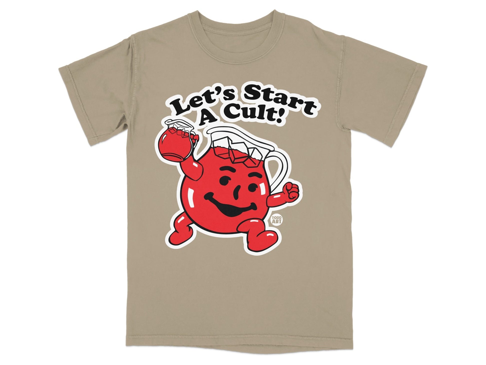 Cartoon Kool-Aid Man mascot in t-shirt, "Let's Start A Cult!" text.