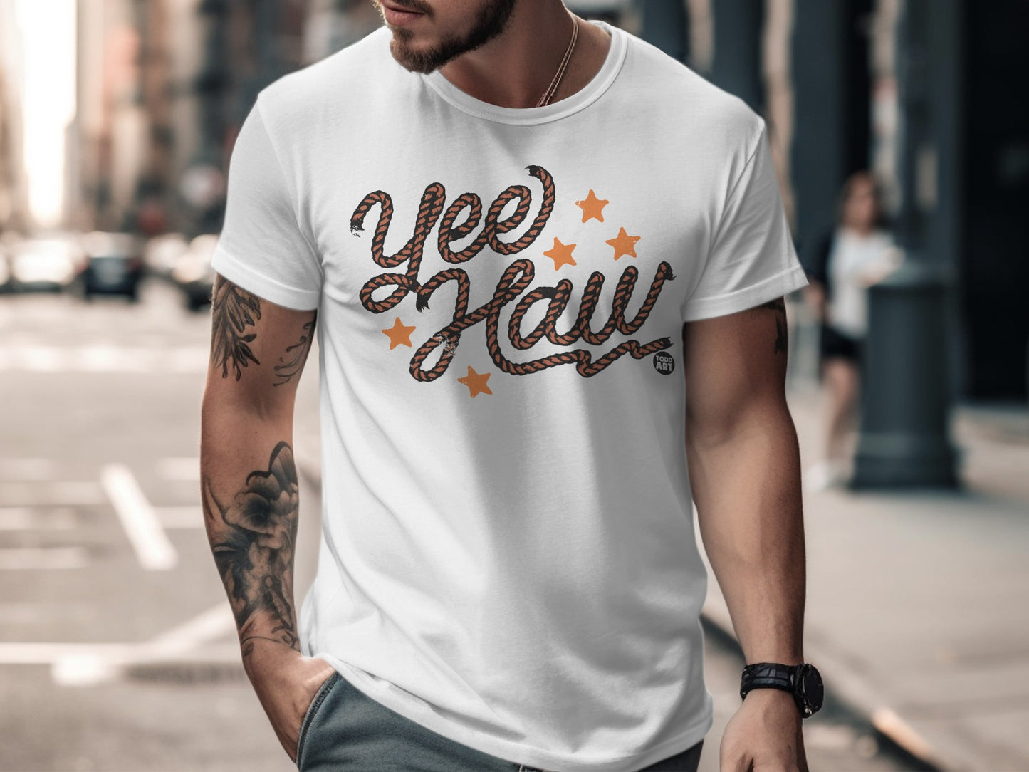 Trendy Yee Haw Rope Design Casual Tee Shirt