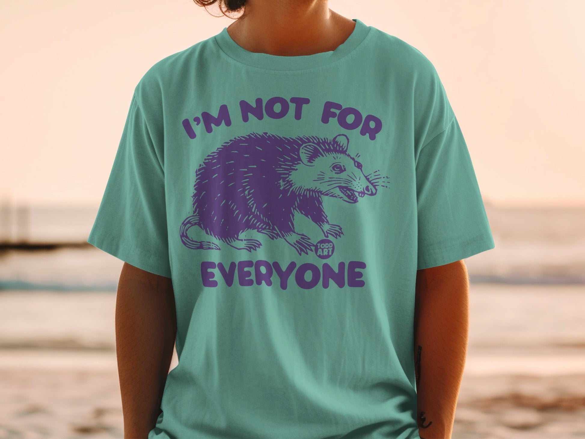 Teal t-shirt with "I'M NOT FOR EVERYONE" and purple possum graphic.