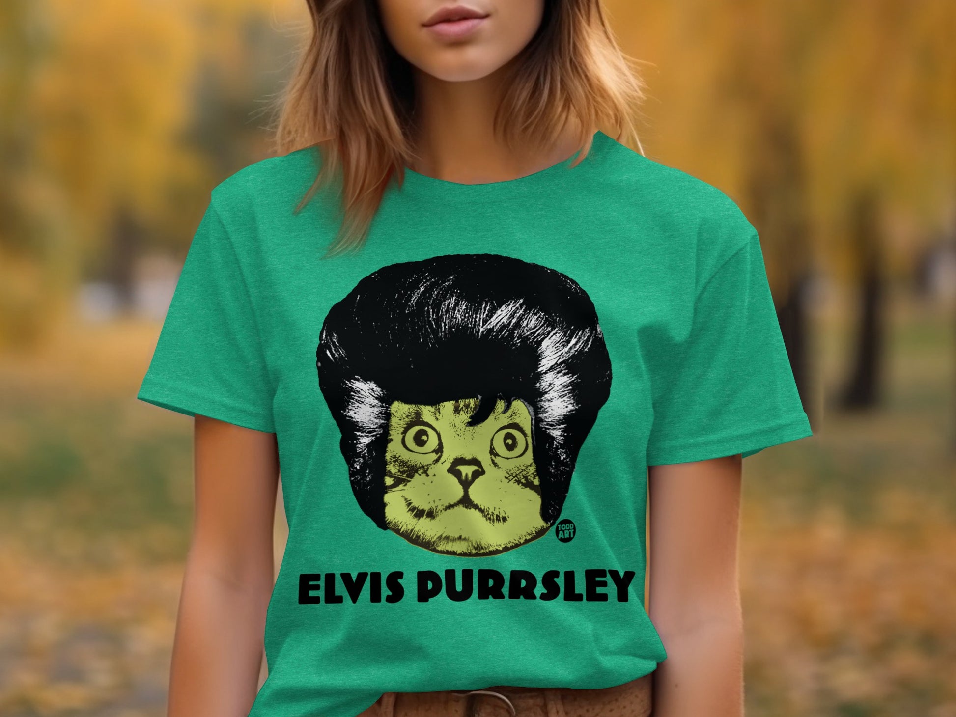 Elvis Purrsley Cat Parody Green Shirt Fun Gift Idea