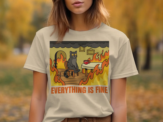 Everything Is Fine Cat Cartoon Graphic T-Shirt