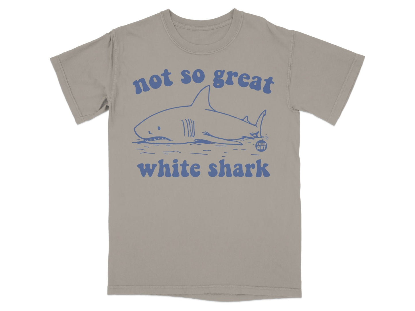 T-shirt with a blue graphic of a white shark and text "not so great white shark".