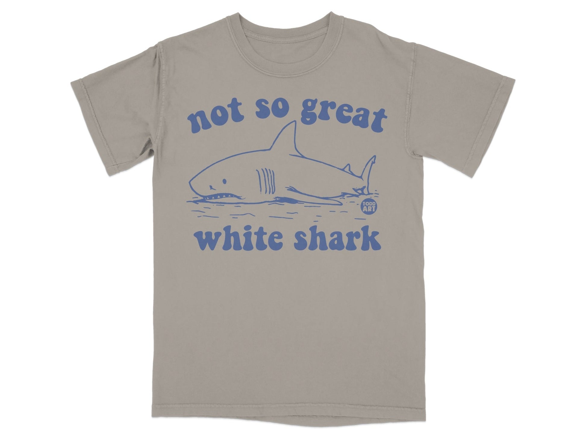 T-shirt with a blue graphic of a white shark and text "not so great white shark".