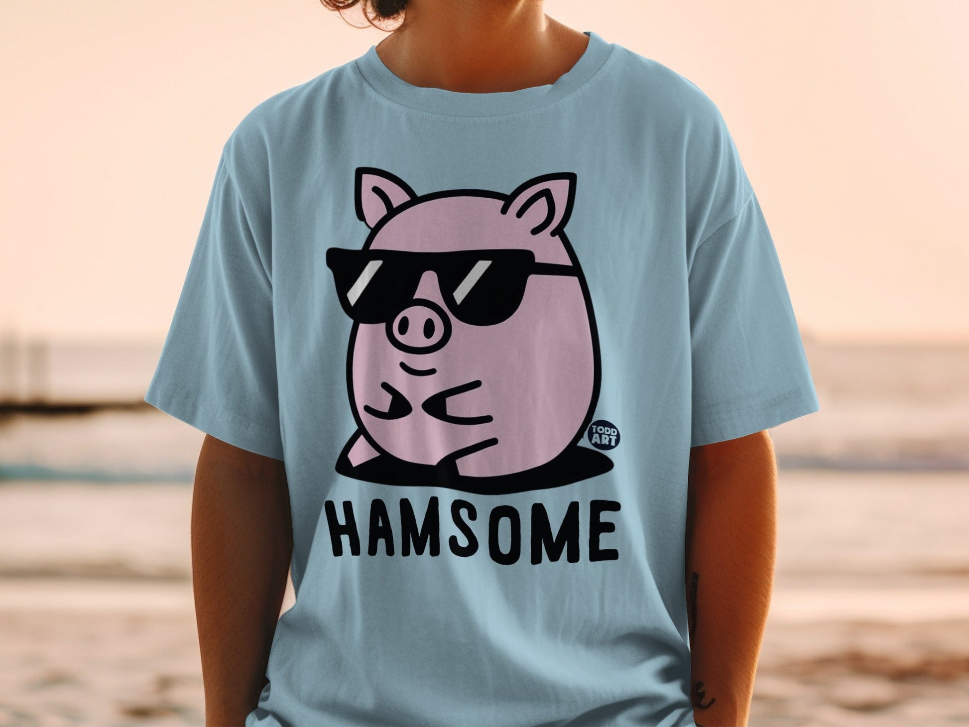 Light blue t-shirt with a pink cartoon pig wearing sunglasses and the text "HAMSOME".