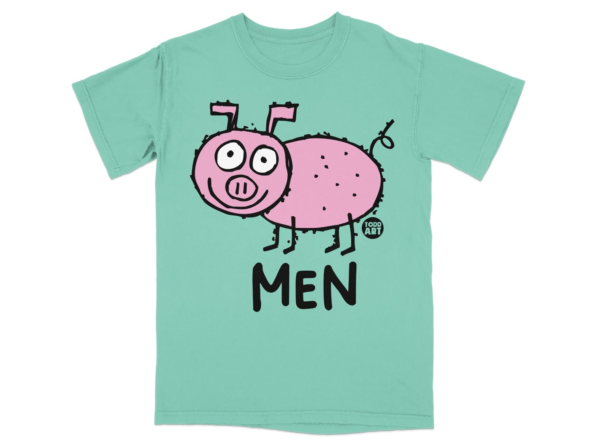 Mint t-shirt with cartoon pig and "MEN" text, Todd Art logo.