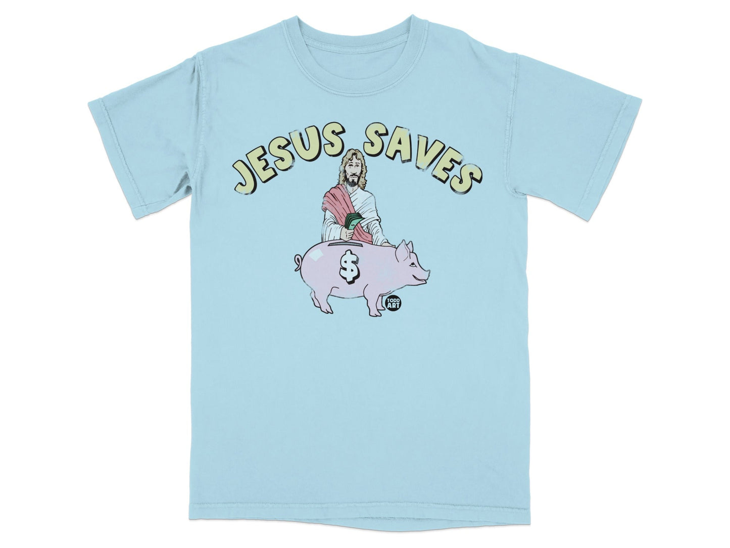 Light blue t-shirt with a graphic of Jesus with a piggy bank.