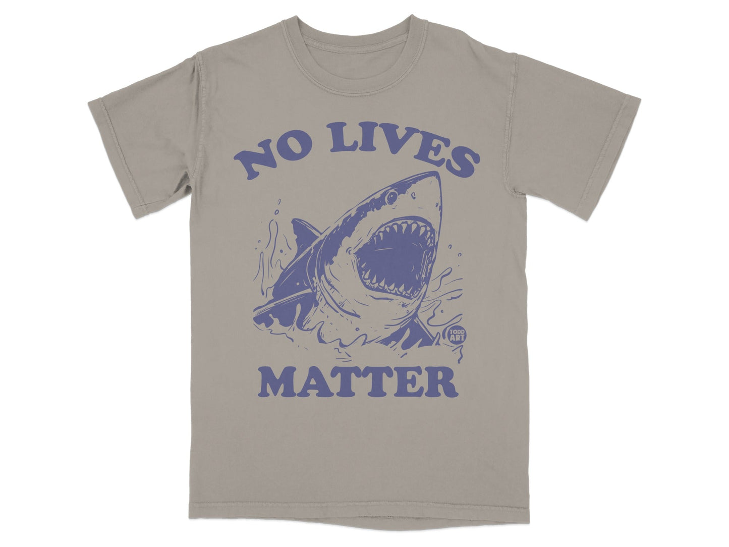 T-shirt with blue graphic of a shark and text "NO LIVES MATTER".