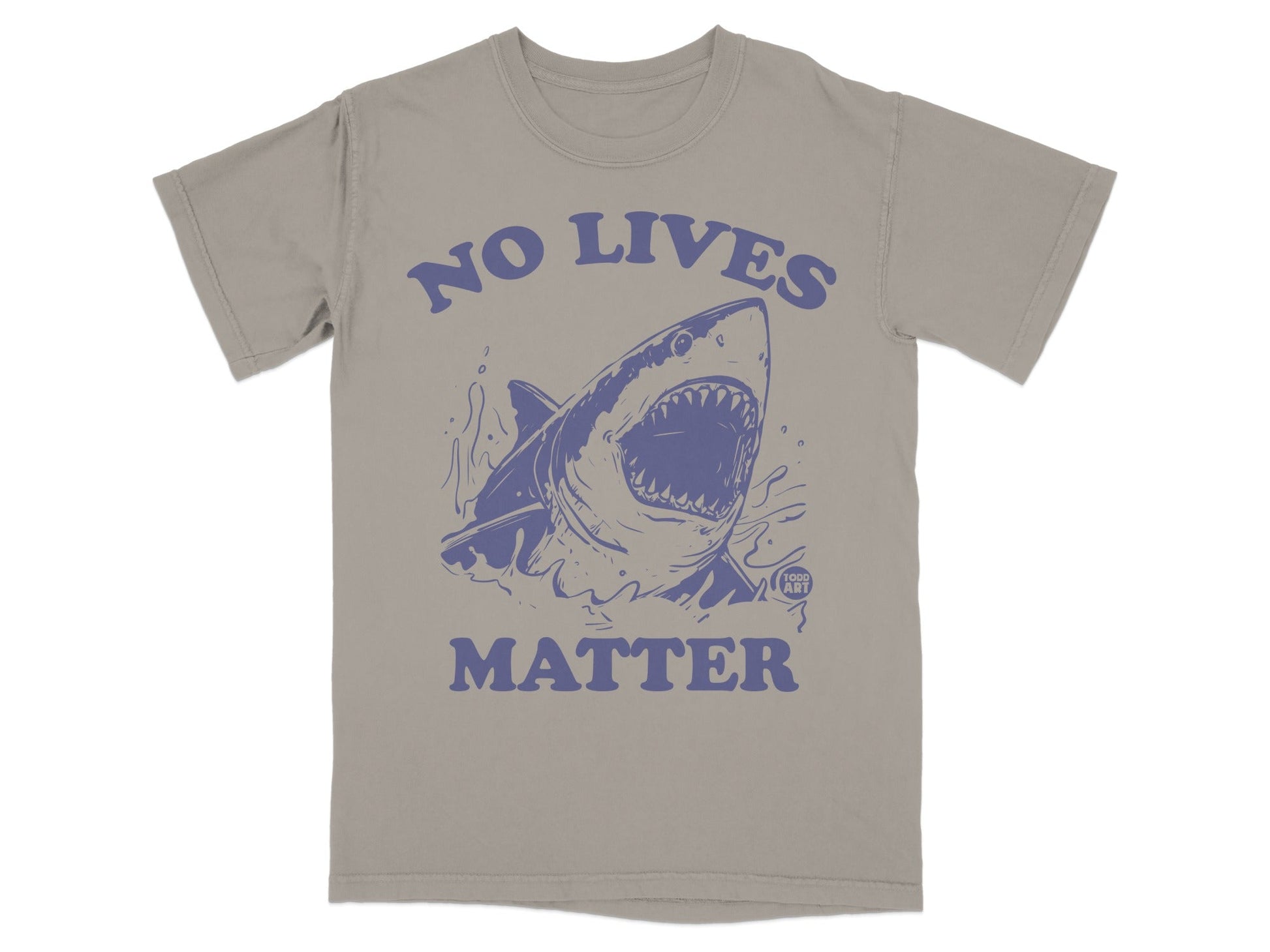 T-shirt with blue graphic of a shark and text "NO LIVES MATTER".