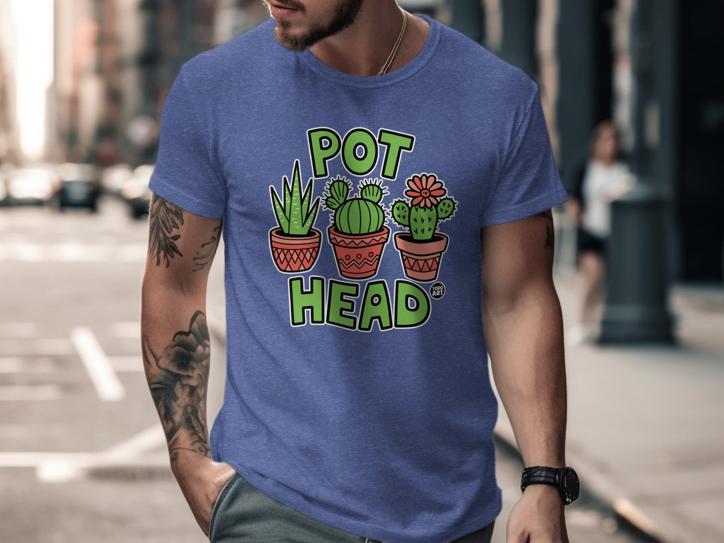 Pot Head Graphic Tee with Cactus Plants and Text