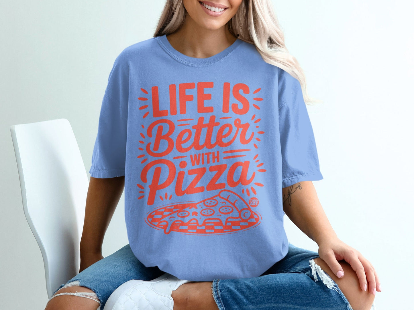 Blue t-shirt with "LIFE IS Better with Pizza" text and pizza graphic.