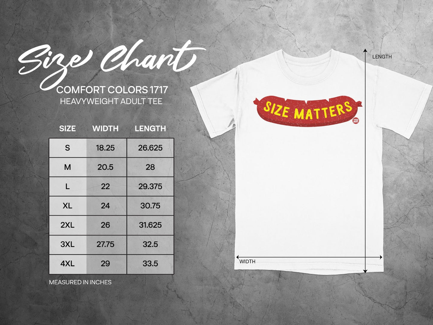 Comfort Colors 1717 heavyweight adult tee size chart with width and length measurements.