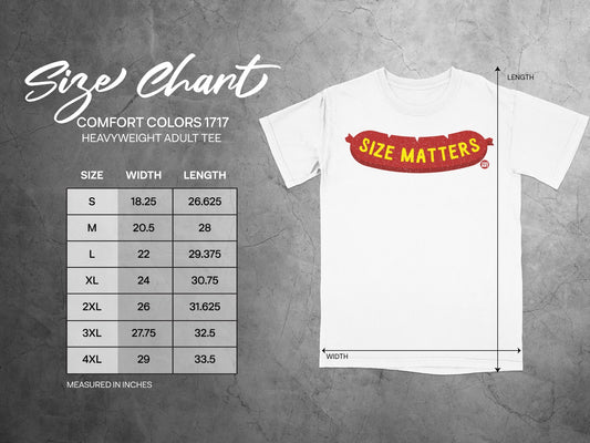 Comfort Colors 1717 heavyweight adult tee size chart with width and length measurements.