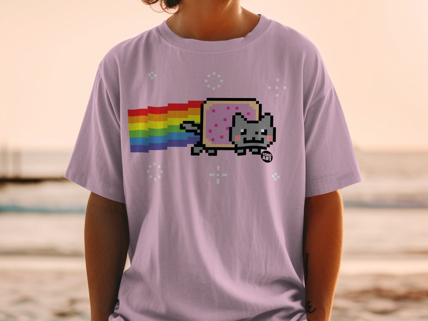 Nyan Cat with rainbow trail on a pink t-shirt.