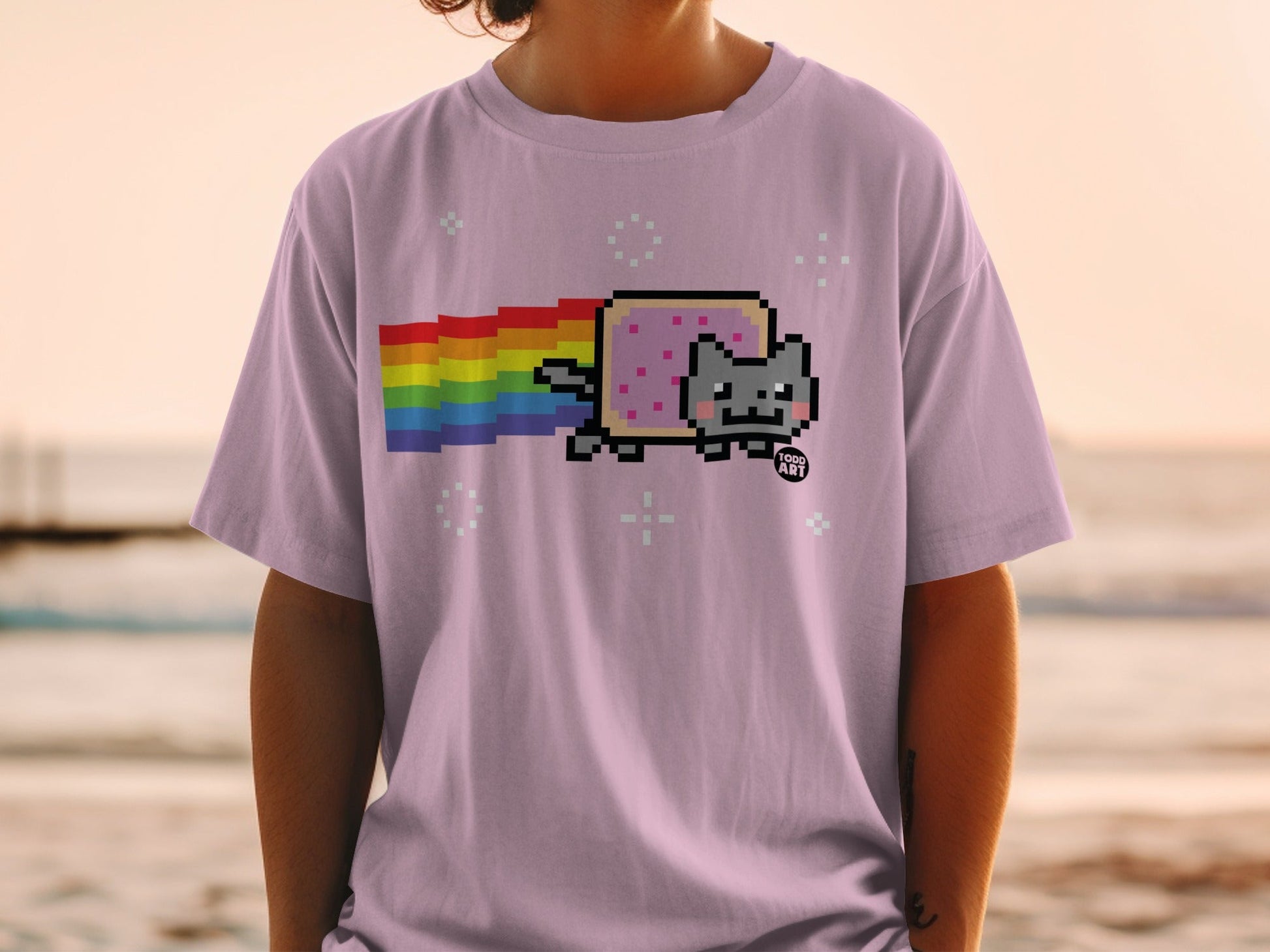 Nyan Cat with rainbow trail on a pink t-shirt.