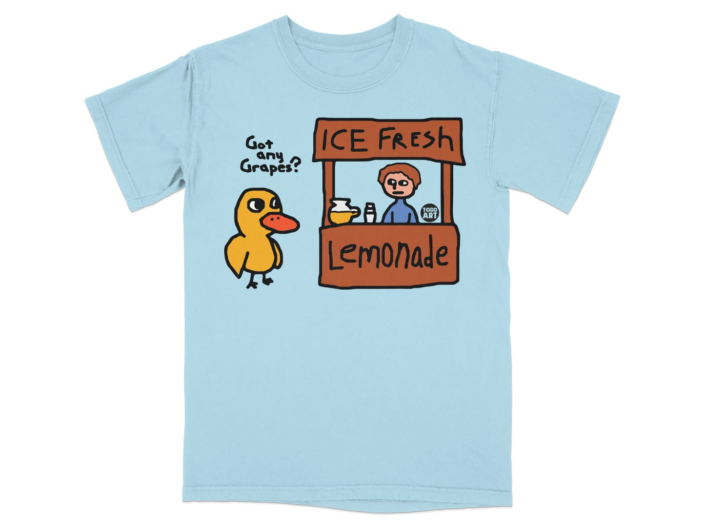 Light blue t-shirt with cartoon duck asking for grapes at a lemonade stand.