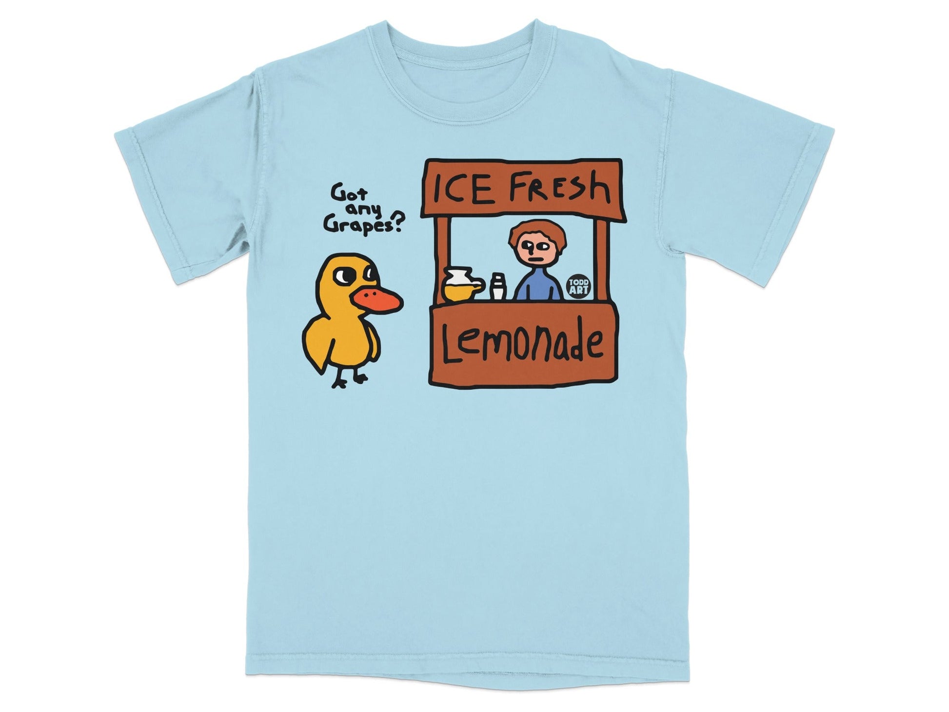 Light blue t-shirt with cartoon duck asking for grapes at a lemonade stand.