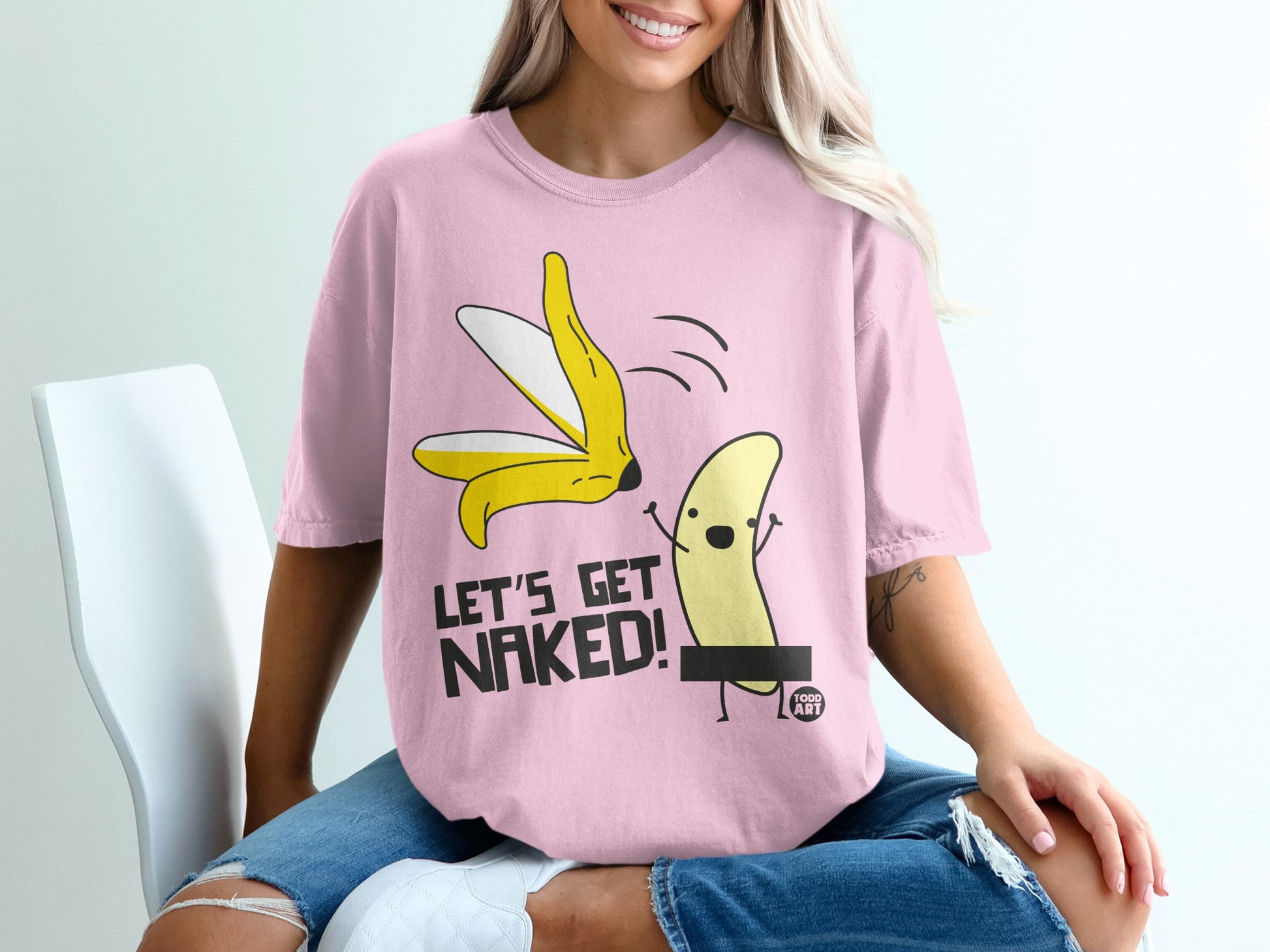 Funny Banana Peeling Let's Get Naked Cartoon Graphic Pink product type
