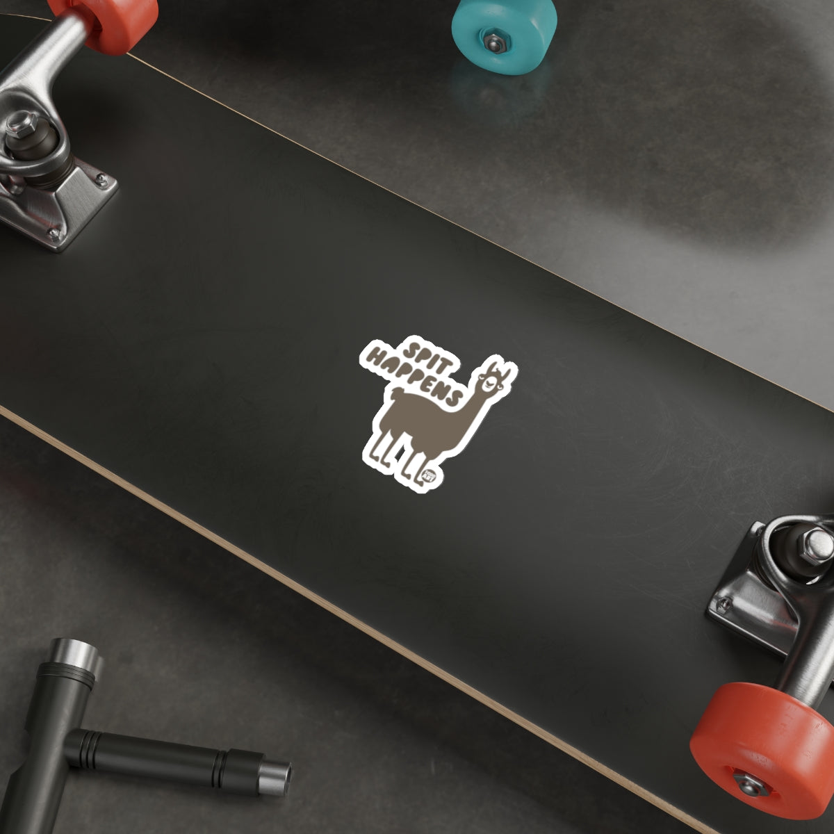 Spit Happens Llama Sticker on Skateboard Deck