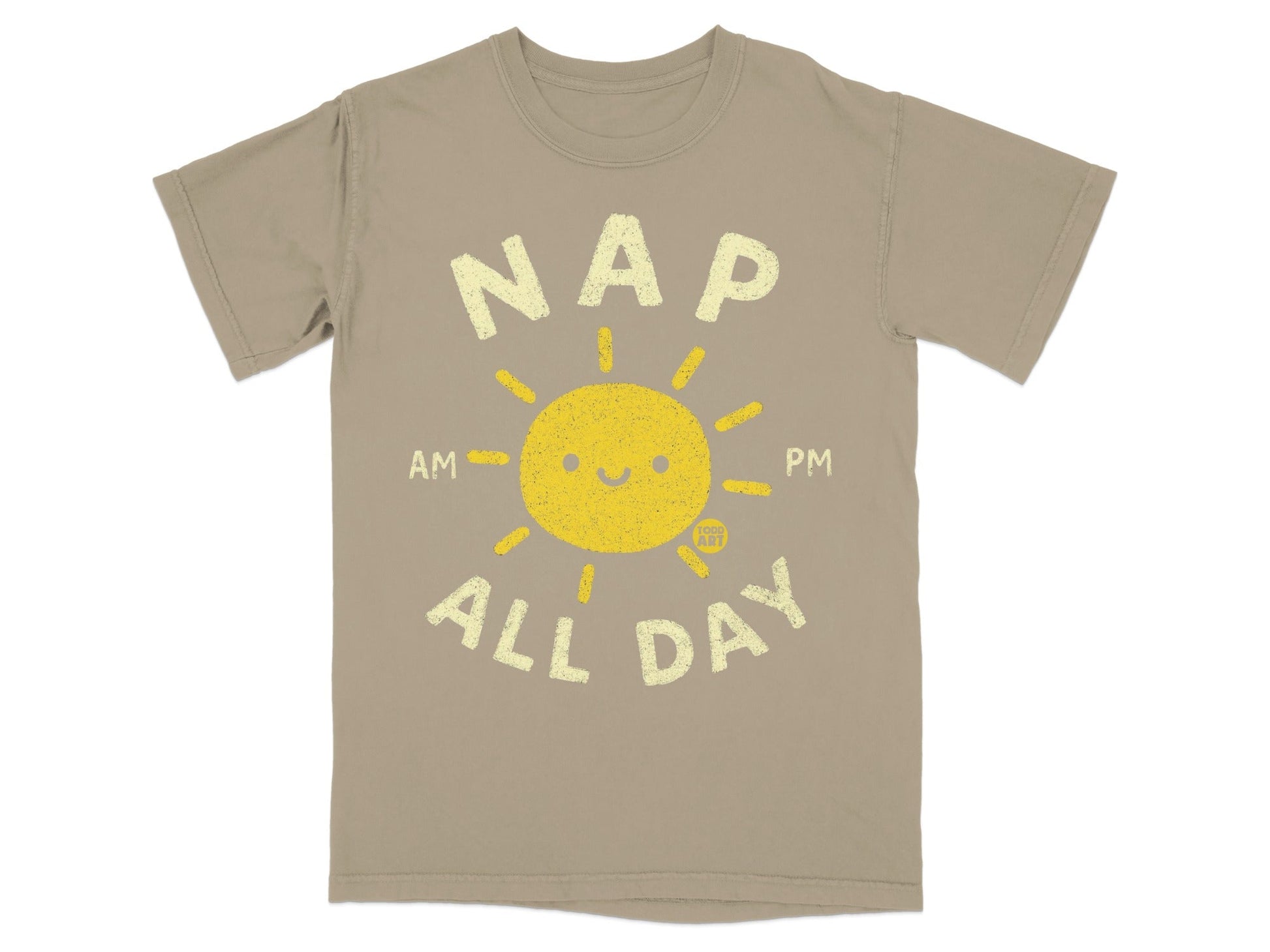 T-shirt with smiling sun graphic and text "NAP ALL DAY AM PM".
