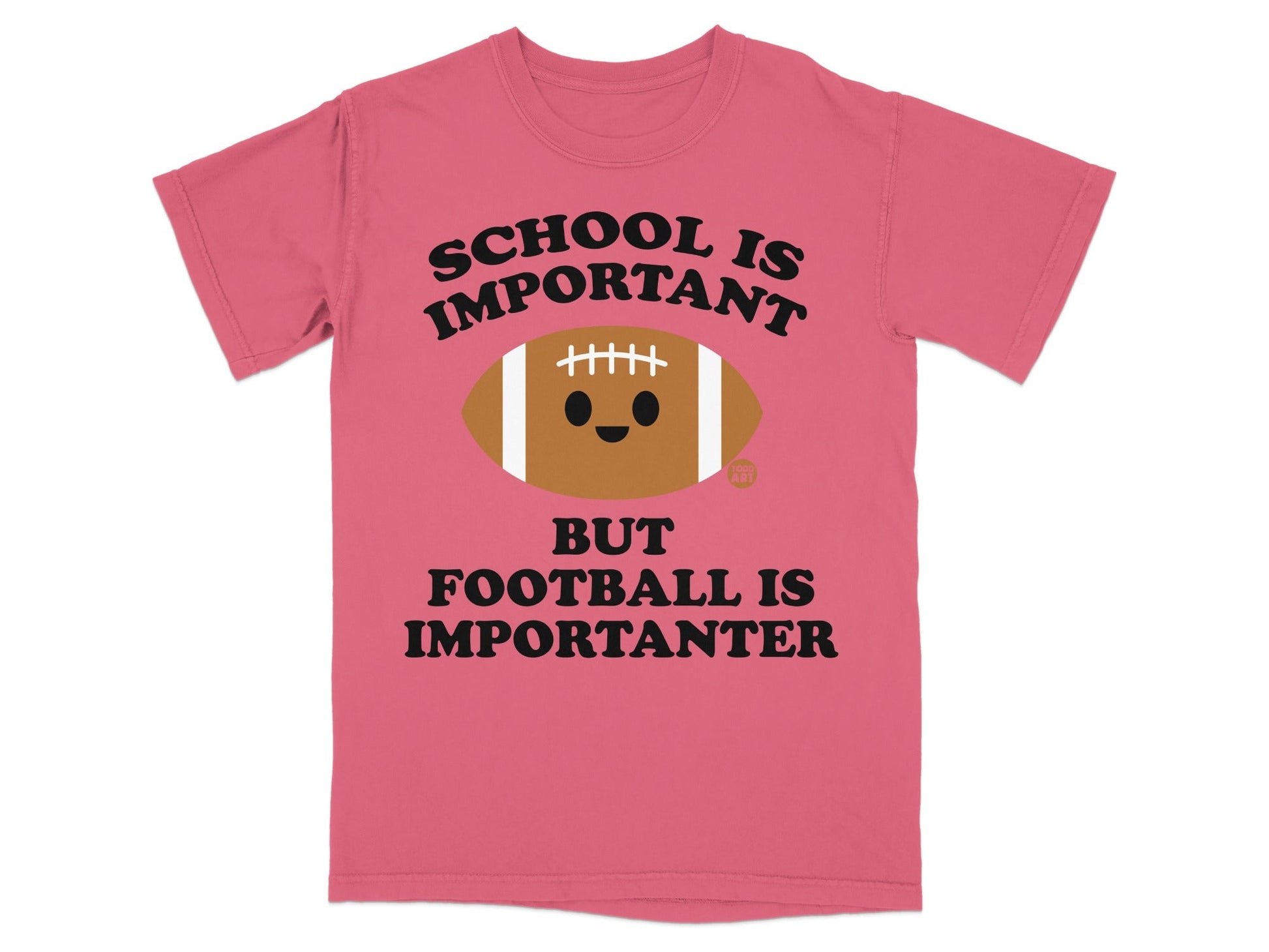 Pink t-shirt with text and football graphic.