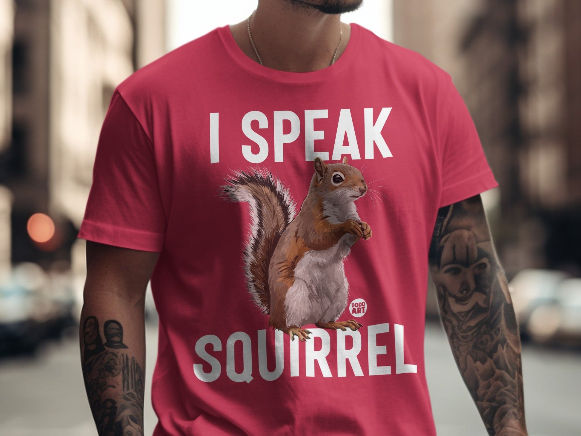 Red t-shirt with "I SPEAK SQUIRREL" and a squirrel illustration.