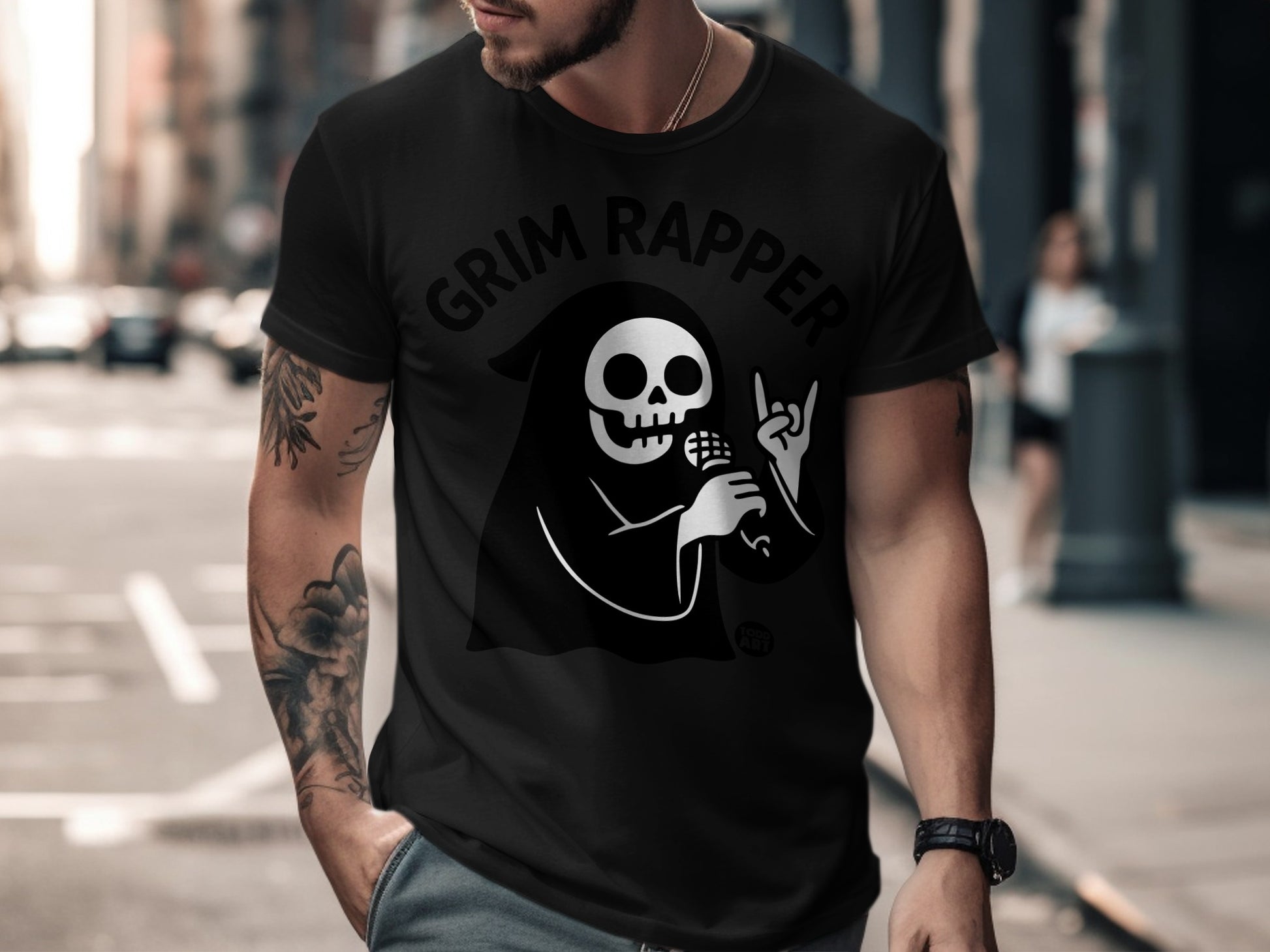Grim Rapper Skeleton Singing Graphic Tee Shirt
