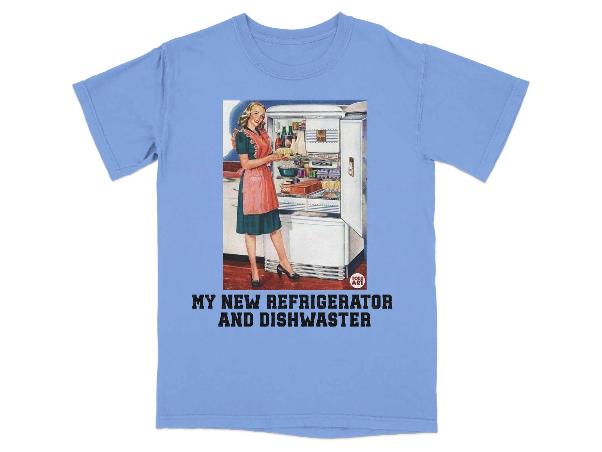 Retro illustration of a woman by an open refrigerator, "MY NEW REFRIGERATOR AND DISHWASHER".