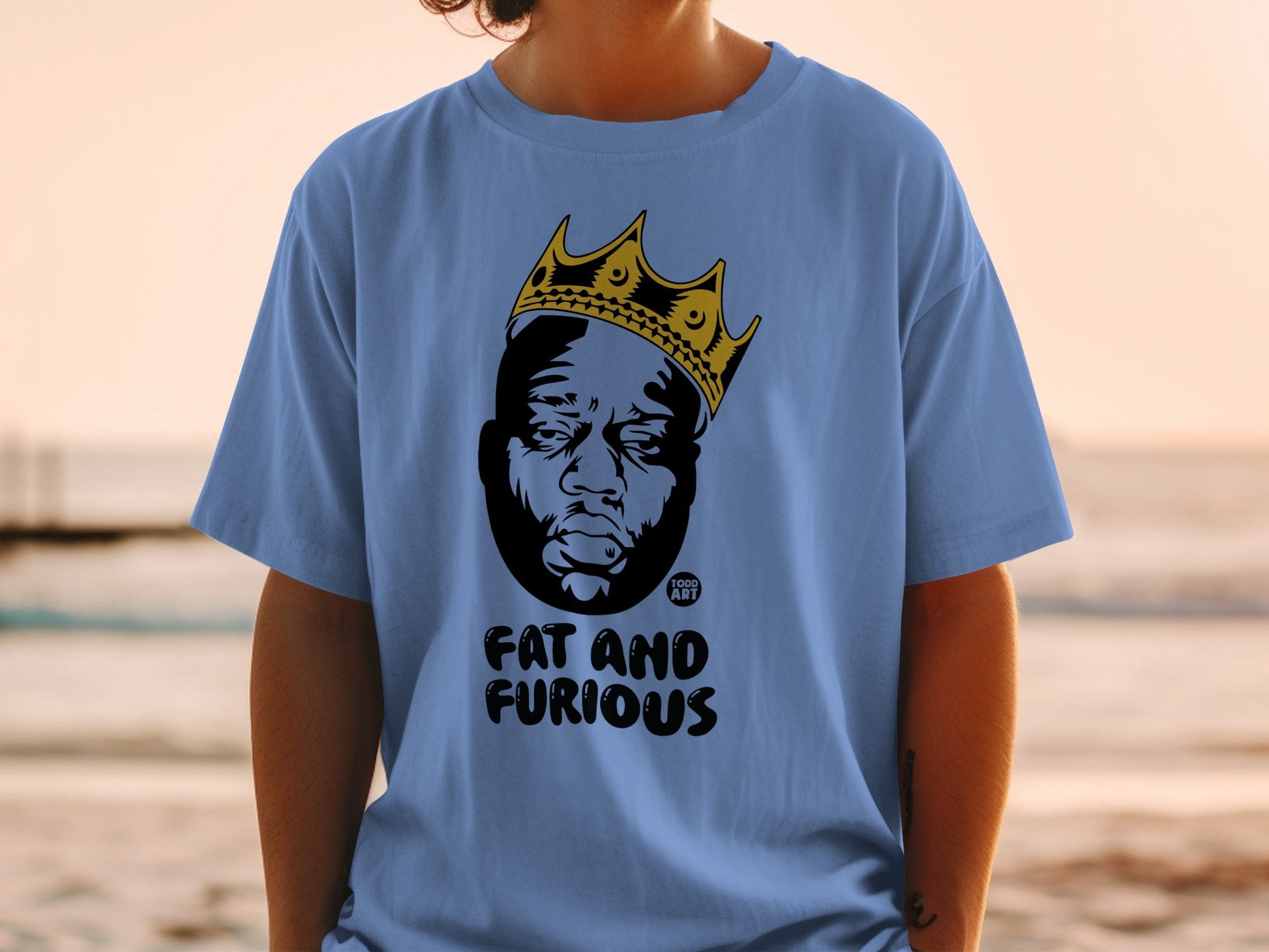 T-shirt with Biggie Smalls wearing a crown and "Fat and Furious" text.