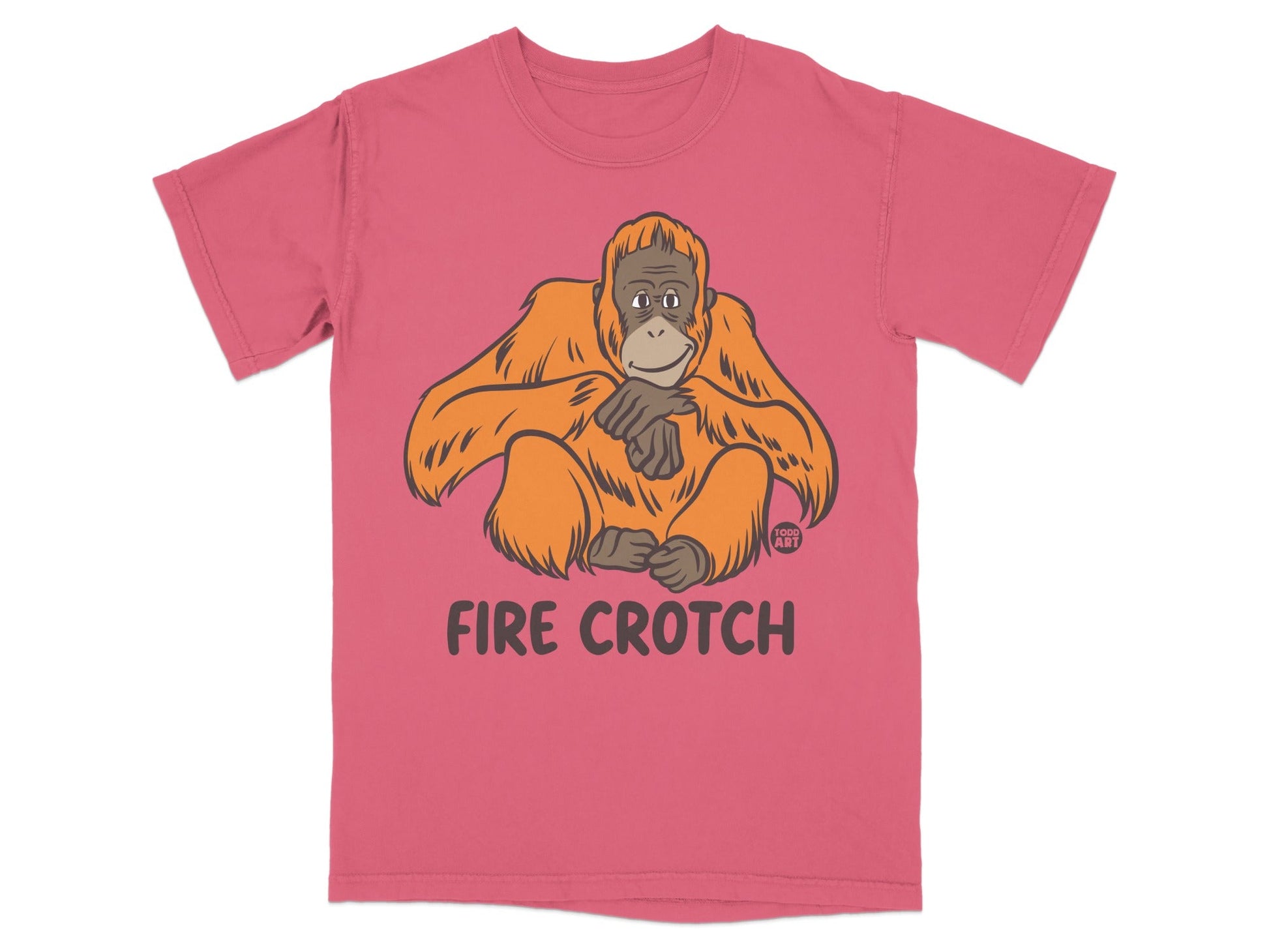 Pink t-shirt with orangutan illustration and "FIRE CROTCH" text.