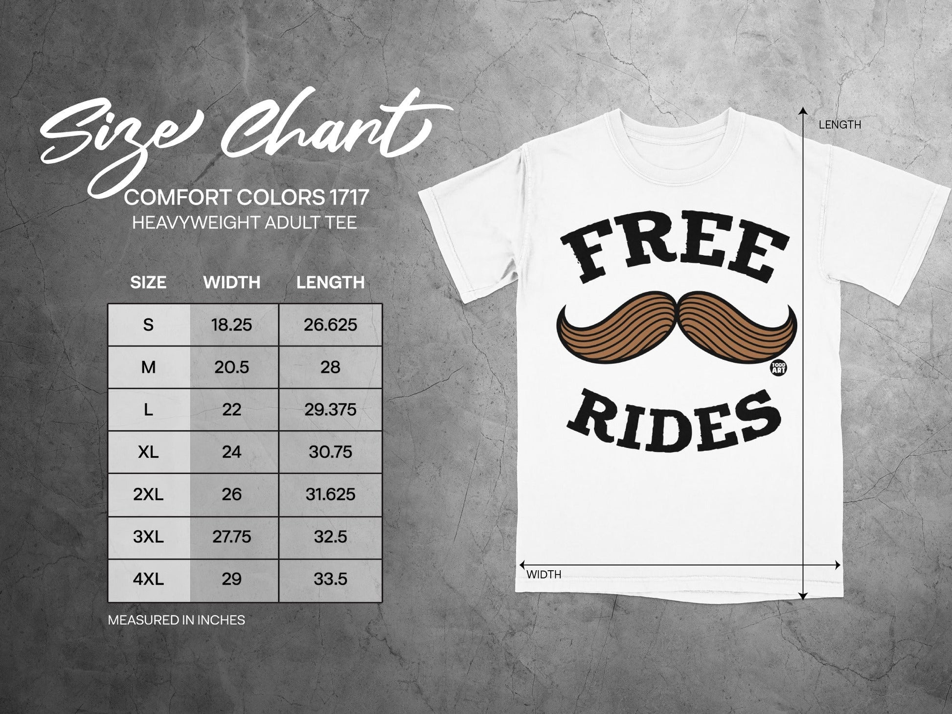 Size chart for Comfort Colors 1717 heavyweight adult tee with mustache graphic.