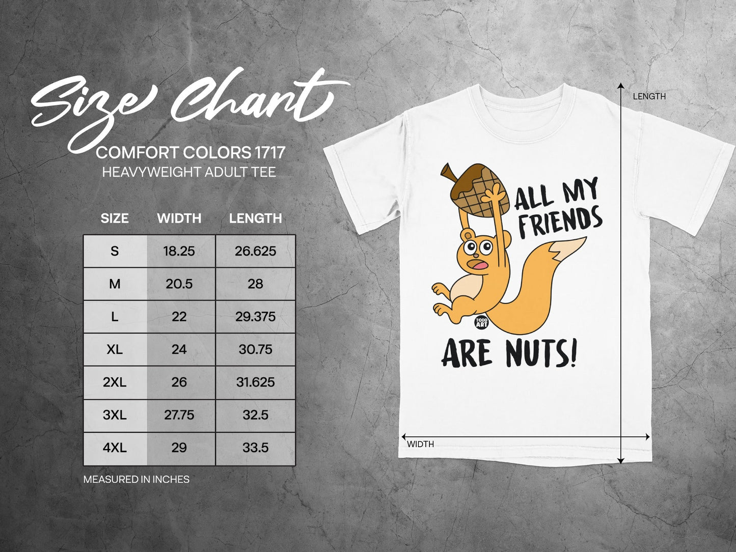 Comfort Colors 1717 heavyweight adult tee size chart with cartoon squirrel.